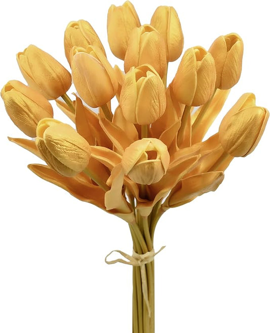 Mandy's Artificial Tulips 12 Stems Fully Gold PU Faux Flowers for Thanksgiving Christmas Decorations Wedding Home Decor 13.5 Inch
