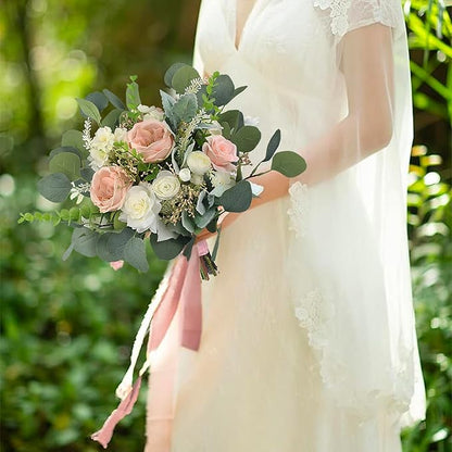 Rinlong 12.6 Inch Wedding Bouquets for Bride Pink Green Bridal Bouquet for Wedding Artificial Flowers Silk Bouquet Spring