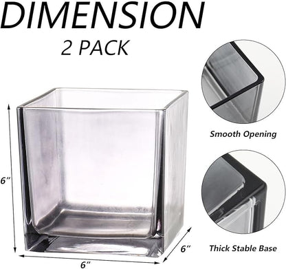 Square Grey Glass Vases Set of 2, 6" x 6" x 6" Square Vase for Centerpieces, Flower Vases for Centerpieces, Small Vase for Wedding, Party, Home Office Decoration