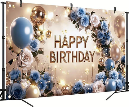 Blue and Gold Happy Birthday Backdrop Banner Elegant Floral Balloon Photography Background Birthday Party Decorations Glittering Rose Blue Gold Balloons Banner Supplies 71x43 Inch