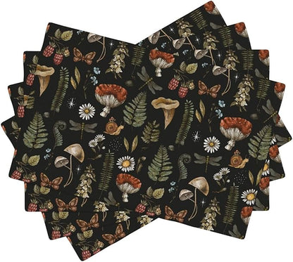 Mushroom Placemats Set of 4,Vintage Gothic Mushroom Fern Kitchen Place Mats Linen 12x18 Inch,Black 4 PCS, Style-5