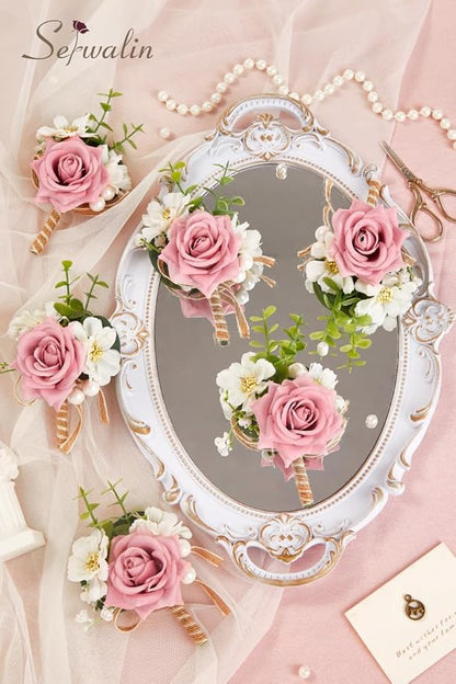 Serwalin 6PCS Pink Rose Boutonniere for Men Wedding Groom Groomsmen Best Man Boutonniere for Wedding Ceremony Anniversary Prom Flowers Formal Dinner Party