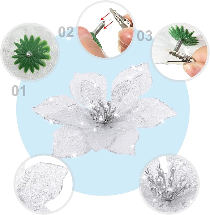 WILLBOND 24 Pcs 3 Size Poinsettia Flower Artificial Christmas Decor Glitter Poinsettia Christmas Ornaments Faux Flowers for Xmas Tree Outdoor(3.2/4/6 Inches,Silver)