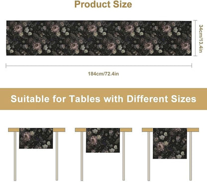 Gothic Floral Table Runner, Vintage Garden Flower Black Witchy Farmhouse Coffee Table Center Decor for Home Kitchen Dining Patio Holiday Party Table Decorations 13x90 inches