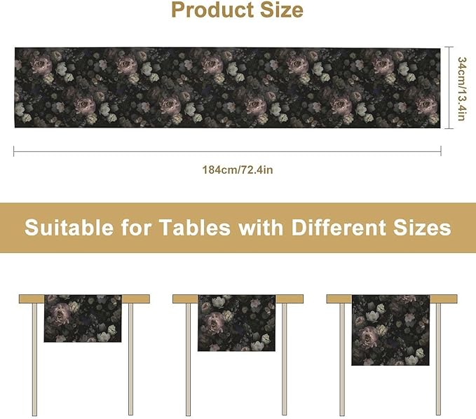 Gothic Floral Table Runner, Vintage Garden Flower Black Witchy Farmhouse Coffee Table Center Decor for Home Kitchen Dining Patio Holiday Party Table Decorations 13x36 inches