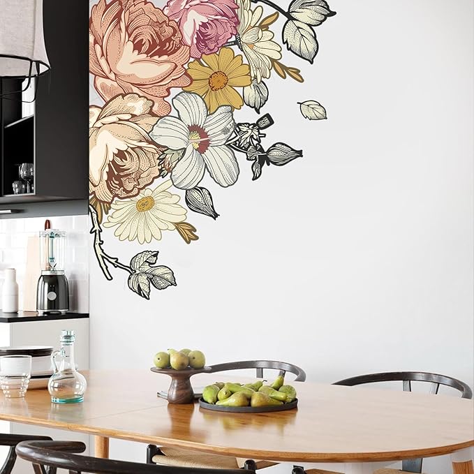 Vintage Peony Flower Wall Sticker,Large Retro Floral Wall Decal with Roses,Daisies and Wildflowers for Bedroom,Living Room,Nursery or Entryway,iinuu Romantic Cottagecore Decor
