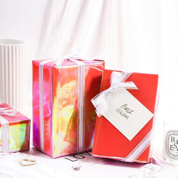 LeZakaa Orange Red Wrapping Paper Roll - Holographic Iridescent Wrapping Paper for Birthday, Chritsmas, Holiday - 17 inches x 32.8 Feet (47.23 sq.ft.)