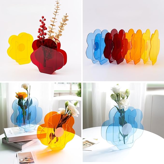 Acrylic Flower-Shaped Vase in Wine Red, Modern Decorative Centerpiece for Living Room, Office, Wedding or Gallery Display (Flower Style)