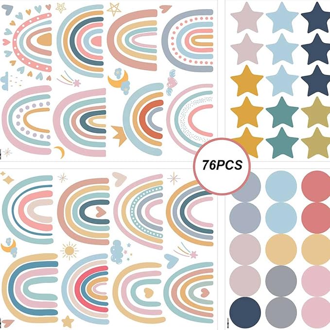 Rainbow Wall Decals for Children Room - 4 Sheets 76Pcs Boho Star & Dots Wall Stickers | Peel and Stick Nursery Decor, Playroom, Classroom | Removable Waterproof Wall Art