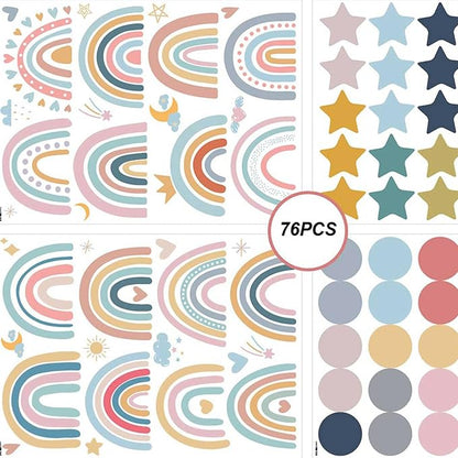 Rainbow Wall Decals for Children Room - 4 Sheets 76Pcs Boho Star & Dots Wall Stickers | Peel and Stick Nursery Decor, Playroom, Classroom | Removable Waterproof Wall Art