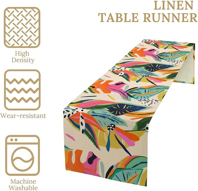 Colorful Flower Table Runner,Abstract Flower Blossom Botanical Pattern Print Tablecloth Burlap for Hotel Indoors Outdoor Dining Room Kitchen Table Decor, 13x90in