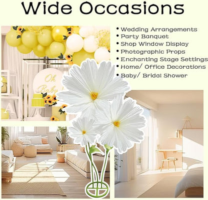 3Pcs Giant Daisies Fake Flower Decorations, 6.1 Ft Large Artificial Flowers Backdrop Decoration Waterproof 3D Big Realistic Faux Flower Set for Home Wedding Garden Christmas Party Decor(White)
