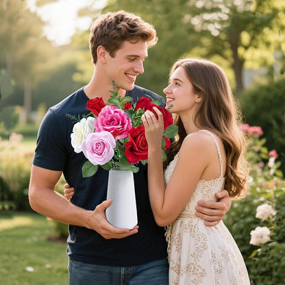 Artificial Roses with Flowers Scent Tablets with White Ceramic Basin Red White Pink Lifelike Faux Roses Fake Flowers for Wedding Party Festivals Home and Office Indoor Outdoor Decor