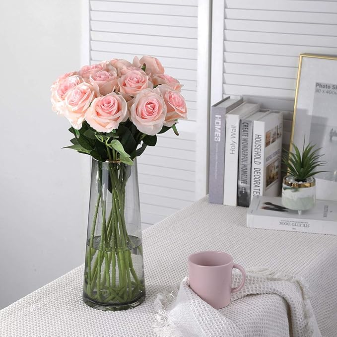 Nubry Artificial Silk Rose Flower Bouquet Lifelike Fake Rose for Wedding Home Party Decoration Event Gift 10pcs (Light Pink)