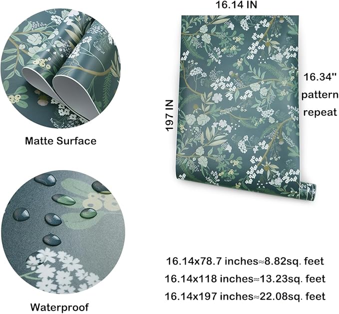 Guvana 197"x16.14" Green Peel and Stick Wallpaper Floral and Leaf Wallpaper Vintage Contact Paper Plants/Leaves/Flower Wall Paper Self Adhesive Removable Wallpaper for Livingroom Accent Room Decor