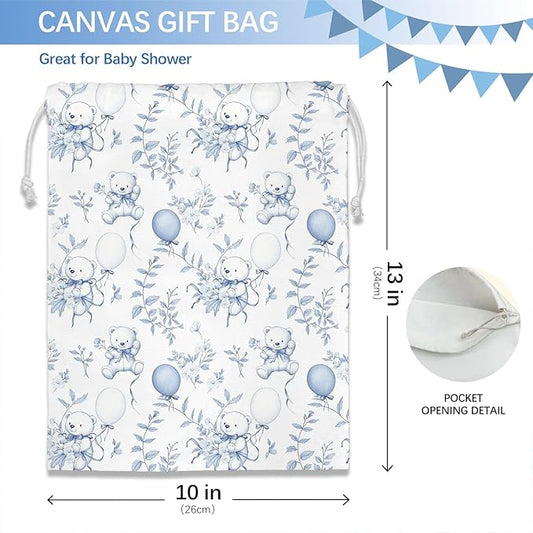 DSHFG Light Blue Bear Birthday Drawstring Gift Wrap Bags, Chinoiserie Animals Baby Shower Drawstring Gift Bags Canvas, Cute Bear Blue and White Small Happy Birthday Bag, 10x13 Inch
