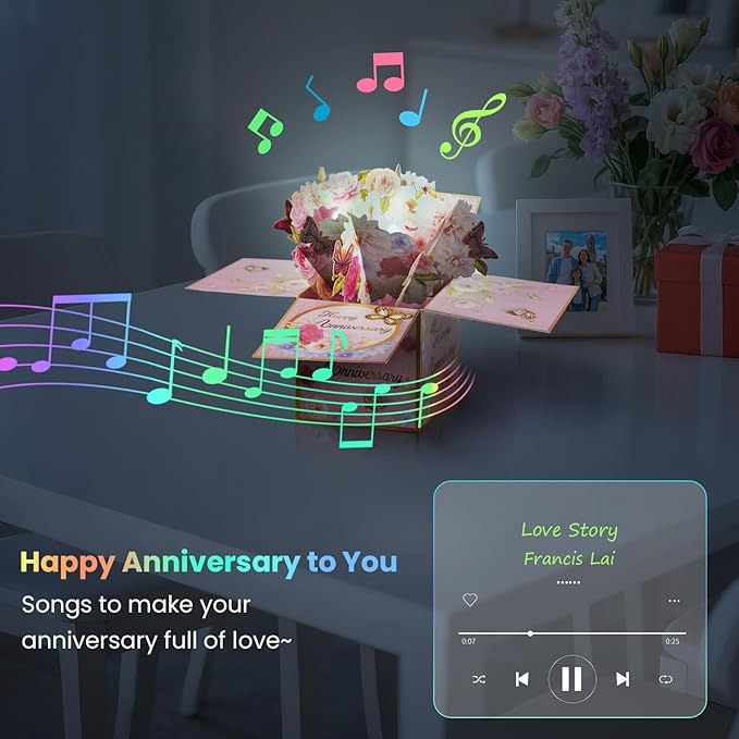 3D Anniversary Pop Up Cards with Music, Romantic LED Light 3D Flower Gift Box, Handmade Foldable Greeting Cards Box with Envelope for Anniversary,Festivals & Special Occasions