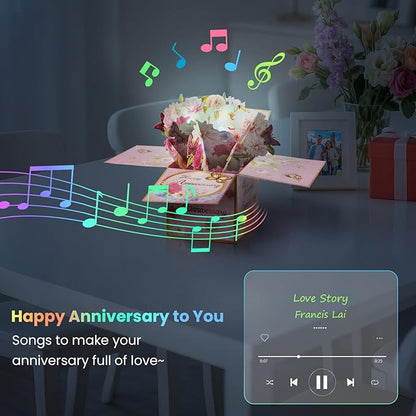 3D Anniversary Pop Up Cards with Music, Romantic LED Light 3D Flower Gift Box, Handmade Foldable Greeting Cards Box with Envelope for Anniversary,Festivals & Special Occasions