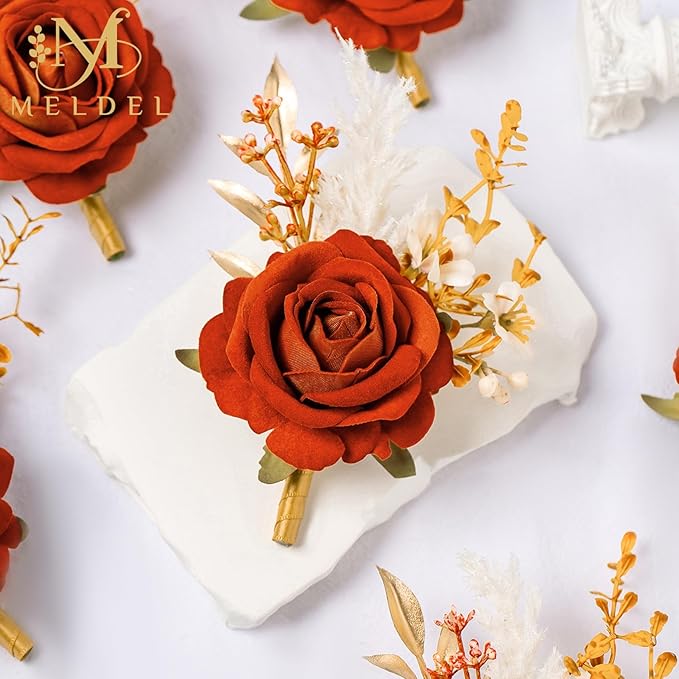 Meldel Burnt Orange Wrist Corsage and Boutonniere Set, Flower On Wrist for Bride Bridesmaid Wedding, Boutonniere for Men Groom Groomsman Wedding Accessories Prom Party Suit Decorations