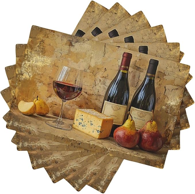 Retro Red Wine Placemats Set of 6 Washable Table Mats Vintage Mid Century Heat-Resistant Cotton Linen Place Mats for Dining Table Kitchen Indoor Outdoor Party Holiday Décor