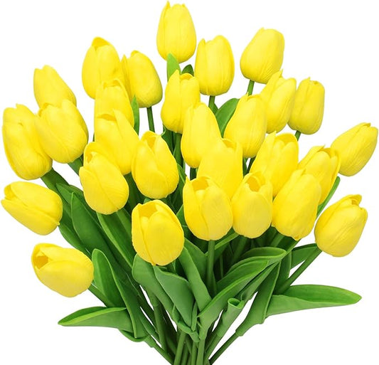 28pcs Yellow Flowers Artificial Tulip Stems Real Feel PU Tulips for Easter Spring Wreath Wedding Bouquet Centerpiece Floral Arrangement Cemetery Table Décor 13" Tall