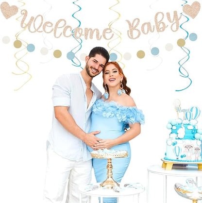 Light-Dusty Blue Boho Baby Shower Party-Decorations - 21pcs Beige Champagne Boy Neutral Welcome Baby Banner Decor,Paper Lanterns Pom Poms Fan Supplies,Streamers Garland Wall Backdrop Favors Huglony