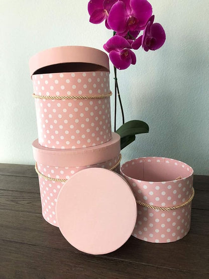 UNIKPACKAGING Premium Quality Round Flower Box, Gift Boxes for Luxury Flower and Gift Arrangements, Set of 3 pcs with Lids Size (S/M/L), Pink White Dots