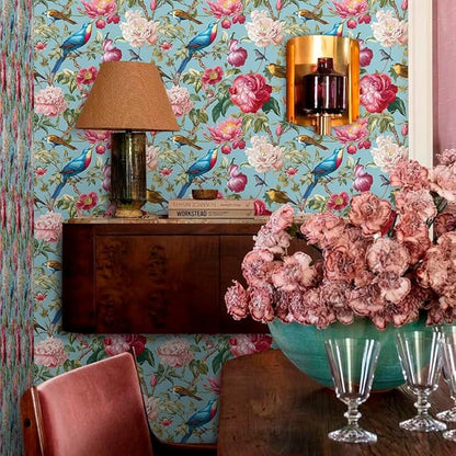 Vintage Pink Blue Peony Floral Birds Peel and Stick Wallpaper Easy Peel Off Contact Paper Stick on Adhesive Wall Paper for Bathroom Waterproof Renter Friendly
