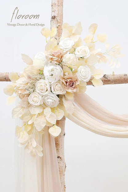 Floroom Arch Flowers with Drapes Kit (Pack of 4) - 2pcs Artificial Cream Floral Swag Arrangement with 2pcs Draping Fabric for Wedding Ceremony Arbor and Reception Backdrop Decoration