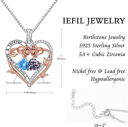 Iefil Rose Heart Double Birthstone Necklace Gifts for Wife Her Mom Women, Birthstone Jewelry Gemstone Birthday Gifts for Girlfriend Grandma Her Wife Women