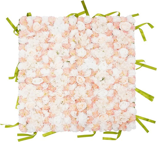 CNCEST Artificial Flower Wall Panels, Flower Wall Mat Silk Rose Flower Panels, Artificial Flower Wall Background (Green+White+Champagne)