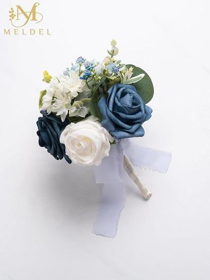 Meldel Blue Wedding Bouquet Set of 6, Mini Bridesmaid Bride Bouquets, Small Bridal Flowers, Fake Flower Artificial Floral Wedding Centerpieces Decor Party Prom