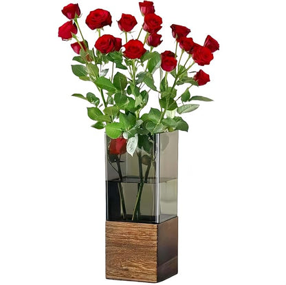 Shatterproof Acrylic Flower Vase with Wood Base–10”H*4.7''W Modern Table Centerpiece for Home Office Decor, Holds Fresh/Dried Stems, Lightweight&Stable, Present for Housewarming Christmas(Rectangular)