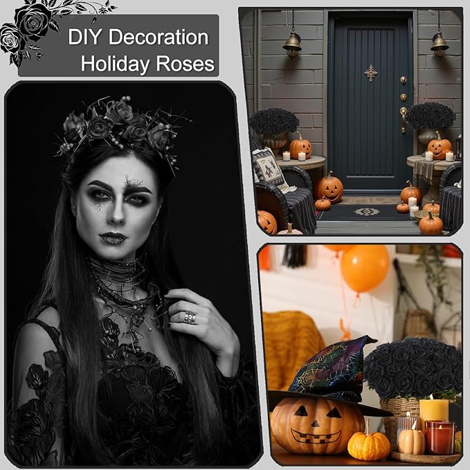 50Pcs Black Roses Artificial Flowers Fake Rose Faux Velvet Silk Flowers for Home Wedding Decoration (Pearl Roses, Pure Black)