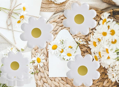 40pcs Daisy Paper Plates Disposable Daisy Flower Shaped Dinner Plates Groovy Party Plates Summer Retro Boho Hippie Dessert Paper Tray for Birthday Wedding Party Supplies (7 inch/White Daisy)