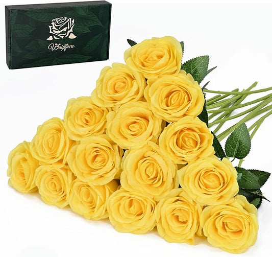Waipfaru 16 Pcs Mothers Day Fake Roses, Silk Yellow Roses Artificial Flowers with Long Stems for Valentines Day Wedding Bouquet Vase, Cemetery Flowers for Grave (Yellow)