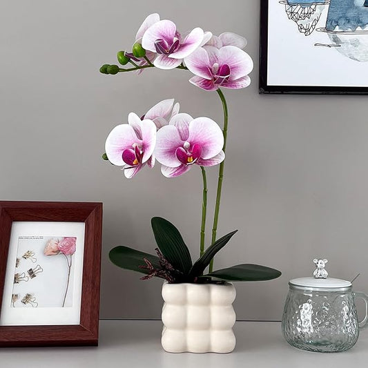 Artificial Orchids in Vase, Purple and White, 14 in Height, Home Decor Orchid Artificial Flowers