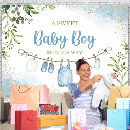 Sensfun Cute Clothes Baby Shower Backdrop for Boys A Sweet Baby Boy is On His Way Banner Greenery Eucalyptus Leaves Welcome Baby Boy Baby Shower Party Decorations Banner Photo Booth Props 7x5ft