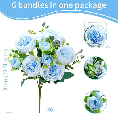 6 Pcs Peonies Artificial Flowers Bulk, Blue Silk Peonies Fake Bouquet for Floral Centerpieces, Realistic Faux Peony Flower for Flower Arrangements Wedding Decoration vase