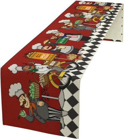 Retro Chef Table Runner,Farmhouse Burlap Table Runners for Party Wedding, Chef Decorations for TKitchen, Chef Kitchen Decor 13x108inch