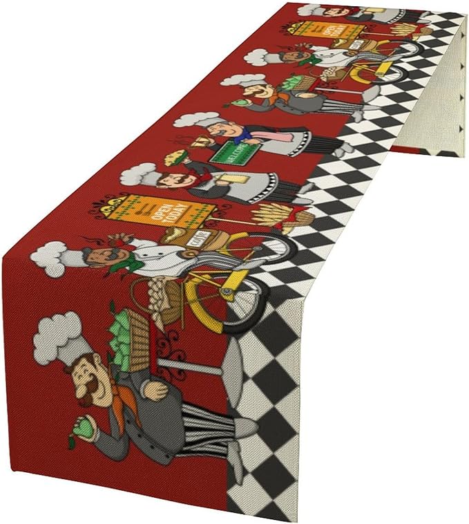 Retro Chef Table Runner,Farmhouse Burlap Table Runners for Party Wedding, Chef Decorations for TKitchen, Chef Kitchen Decor 13x120inch