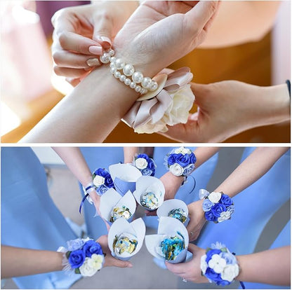 MECCANIXITY 6Pcs Wrist Corsage Artificial Flower Bracelets Rose Wrist Bride Groom Decorative for Wedding Ceremony Prom Party Anniversary Sky Blue