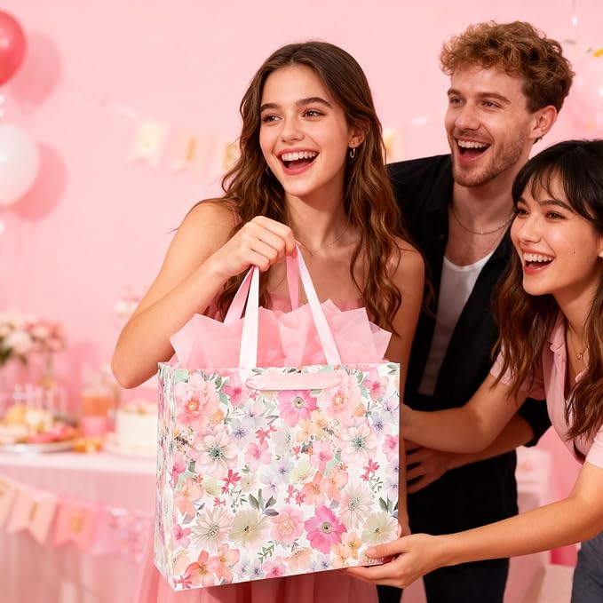 ASYEH NR 13" Large Size Floral Gift Bag Floral Flower Pattern Vintage Gift Bag with Greeting Card Tissue Paper for Girls Women Birthday Mother's Day Valentine's Day Anniversary Wedding Spring Supplies