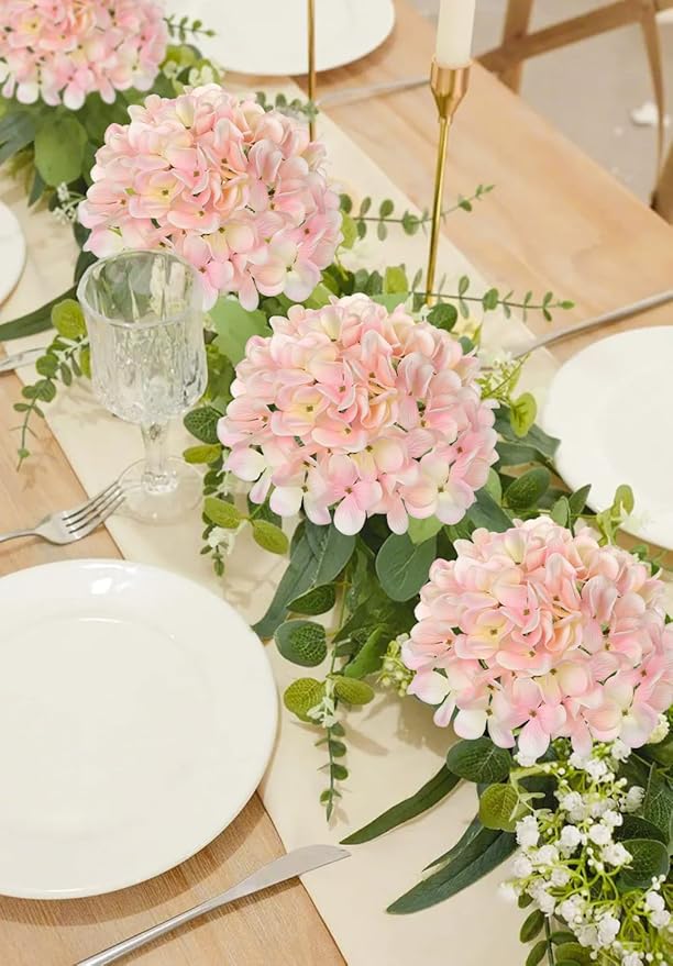 Hollyone Pink Silk Hydrangea Artificial Flowers Heads 7.4inch Large Fake Hydrangea 4Pcs Full Faux Flowers with Stems for Wedding Party Table Centerpieces Flower Arrangement Home Decor