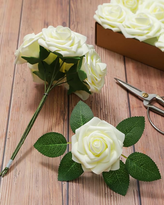 DuHouse 50Pcs Artificial Roses Flowers Fake Roses with Stems Real Touch Foam Flowers for DIY Wedding Bouquet Baby Shower Centerpiece Floral Arrangement Party Home Decor(Cream)