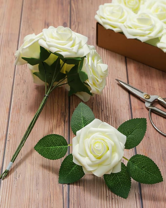 DuHouse 50Pcs Artificial Roses Flowers Fake Roses with Stems Real Touch Foam Flowers for DIY Wedding Bouquet Baby Shower Centerpiece Floral Arrangement Party Home Decor(Cream)