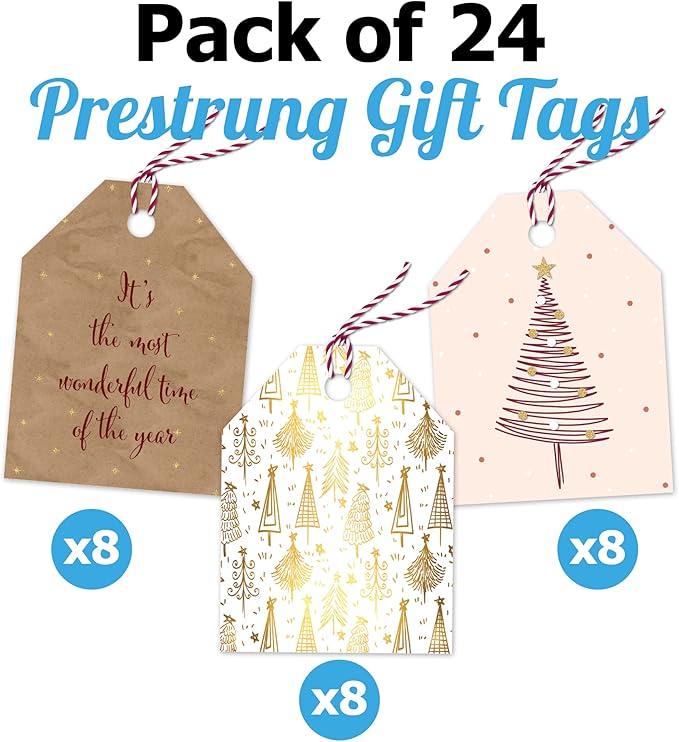 Pro Supply Global 24 Count of 2.5 Inch x 3 Inch Pre Strung Gold Christmas Trees Gift Tag Assorted Printed Designs on Large Cardstock Gift Hang Tags - Ideal to Use on Bags