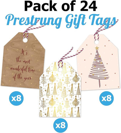 Pro Supply Global 24 Count of 2.5 Inch x 3 Inch Pre Strung Gold Christmas Trees Gift Tag Assorted Printed Designs on Large Cardstock Gift Hang Tags - Ideal to Use on Bags