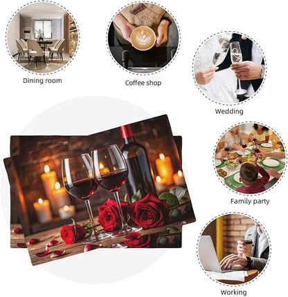 Red Rose Wine Linen Table Placemats Set of 6 Romantic Rose Floral Modern Art Placemat Indoor Outdoor Party Home Desktop Kitchen Dining Room Decoration 12x18 Inch