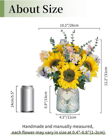 BLOSMON Sunflower Fake Flowers in Vase: Sunflowers Artificial Flowers with Vase for Table Centerpieces Decor - Silk Flower Bouquet Faux Arrangements Kitchen Bathroom Wedding Party Decoration